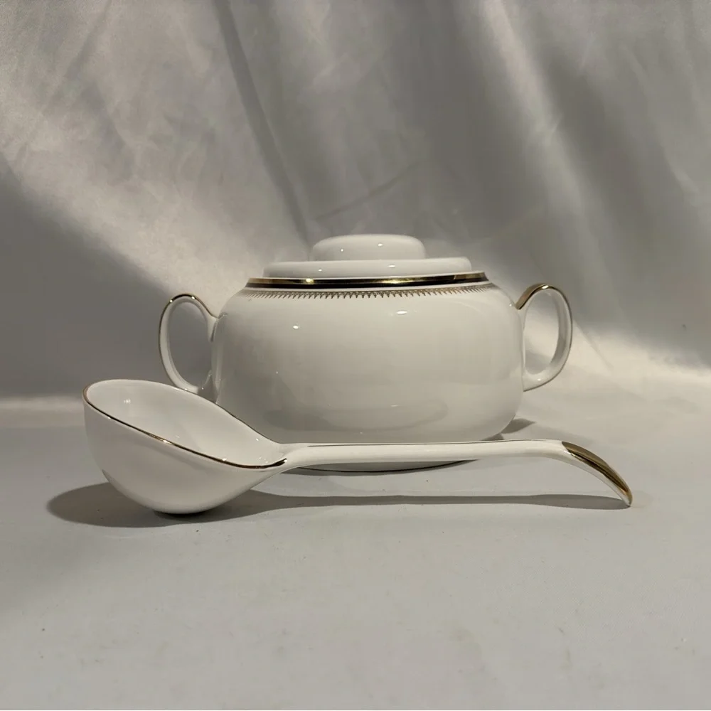 Chodziez Poland Porcelain Soup Tureen and Ladle Black Gold Band Filligree